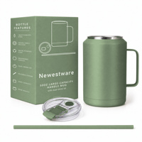 Mug isotherme ergonomique de 50 oz avec double couvercle et paille, en acier inoxydable 18/8 à large ouverture