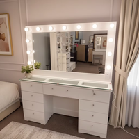 Table de maquillage en MDF blanc avec miroir en bois et ampoules LED, plusieurs tiroirs de rangement, table de toilette pour chambre à coucher