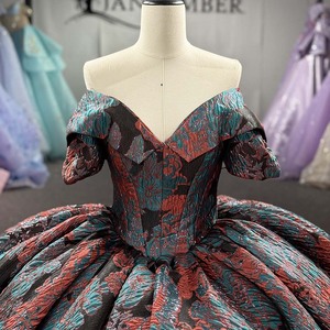 Robe de bal en brocart métallique Dy1537, magnifique robe de Quinceañera en jacquard plissé gris anthracite, rose doré et vert sarcelle, Jancember - Product Image 4