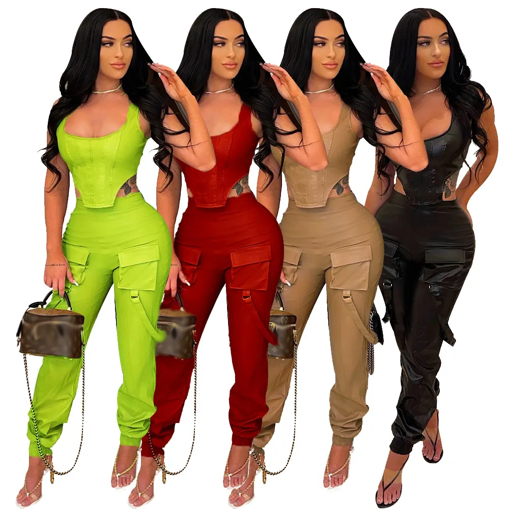 S6658 - top and pants fashion casual sleeveless leather PU pockets women two piece pants set