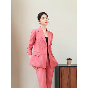 Women's Green Striped Double-Breasted Suit Set Long Sleeve Anti-Wrinkle Worsted Commute Wear - Product Image 4