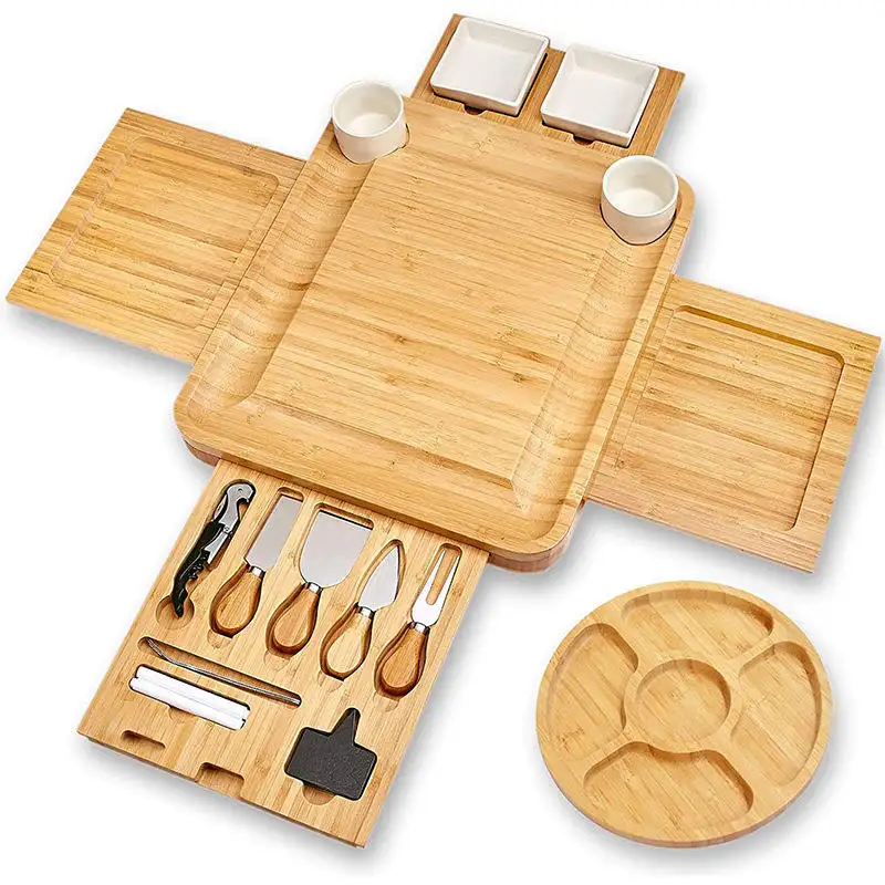 Set di coltelli per tagliere per formaggi in legno di bambù con cassetti estraibili
