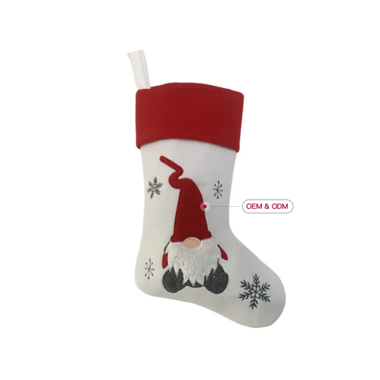 High Quality Gift Home Fireplace Decoration White Cartoon Gnome pattern Santa Claus Candy Bag Plush Christmas Stocking