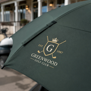 Paraguas de golf verde bosque personalizado con el logotipo del club de golf Greenwood en dorado, paraguas personalizado con impresión de logotipo de alta calidad - Product Image 5