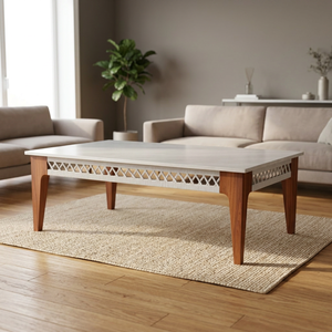Table basse moderne du milieu du siècle avec rangement, plateau en stratifié blanc, pieds en bois, meubles de salon - Product Image 3