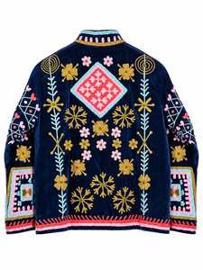 Navy Blue <b>Velvet</b> Embroidered Bomber <b>Jacket</b> <b>Women</b> Solid Pattern Long Sleeve V-neck Winter Breathable Quick Dry Thick Outerwear - Product Image 6