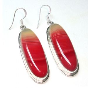 Pendientes largos de una piedra hechos a mano de plata de ley pura de Calcedonia de colores naturales para mujer - Product Image 1