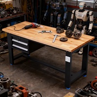 Banc de travail moderne en acier robuste avec plateau en bois et 2 tiroirs à fermeture amortie pour usage scolaire, hôtelier, extérieur, atelier et menuiserie