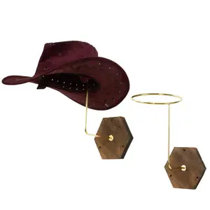 Moderne Messing Metalen Wandhoedenrek Met Zeshoek Verbrand Hout Steun Cowboy Hoed Rek