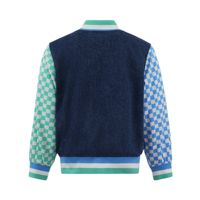Blousons pour garçons, veste bomber en jean pour enfants, imprimé damier, manches à boutons-pression, col baseball, poignets côtelés, vêtements d'extérieur pour petit garçon