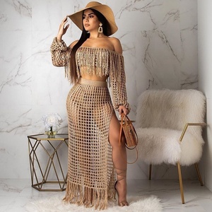 Ensemble de jupes 2 pièces à franges pour femmes-Short de bikini à pompons rose en crochet-Top court à épaules dénudées-Vêtements d'été-Robe de plage - Product Image 2