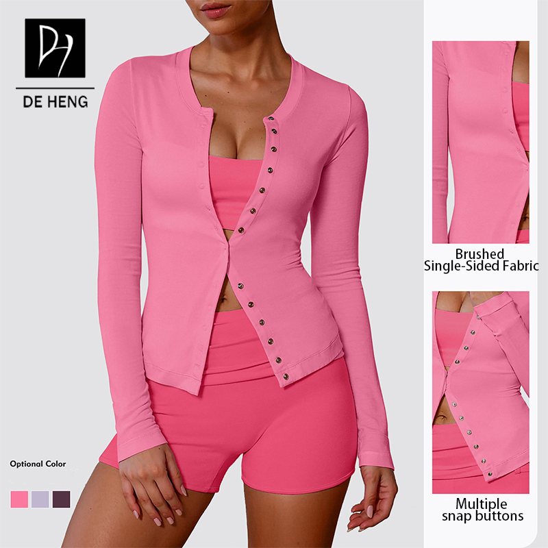 Round Neck Trim Fit Lady Snap Button One Piece Custom Sports Yoga Fitness High Quality Gym Workout Long Sleeve Top for Women