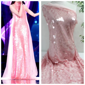 Tela de Encaje Tricot de Lujo LH con Lentejuelas Rosadas Brillantes y Bordado, 100% Poliéster Ecológico, para Vestidos de Novia y Fiesta - Product Image 2