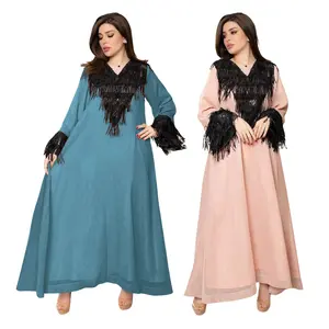 Custom New Black Fringe Sequin Clothing Dress Abaya Muslim Arab For Women Plain Feather Long Sleeve Maxi Robe Dress Abaya Kaftan