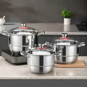 Factory Price Silver Cookware 6 PCS Steamer Pots Set Non Stick Soup Stock Pots Induction Cooking Pot Sets With Glass Lid