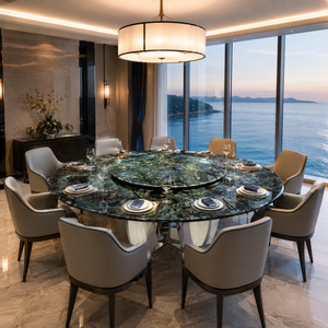 Customized Dining <b>Table</b> Round <b>Top</b> Modern Villa 8 Seater Metal Legs <b>Stone</b> Furniture Luxury Blue Labradorite Granite - Product Image 5