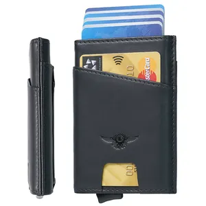 Custom Private Logo Men Genuine Leather Wallet with Aluminum Case RFID Blocking Card Holder for Men with Gift Box