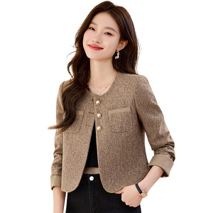 Beige Blazer For Women Spring Autumn 2024 Slim Fit Anti Wrinkle Solid Color Polyester Worsted Jacket - Product Image 5