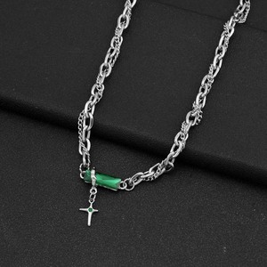 Hot Selling Niche Design Titanium Steel Green Zircon <b>Cross</b> Pendant Necklace Silver Plated Unisex's Necklaces Wholesale Jewelry - Product Image 3