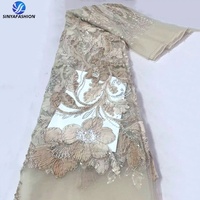 Kain Brokat Mewah Sinya Tradisional 3D Bermotif Bunga dengan Manik-Manik 5 Yard Ramah Lingkungan Bordir Mutiara Buatan Tangan untuk Pesta Pernikahan dan Acara Malam