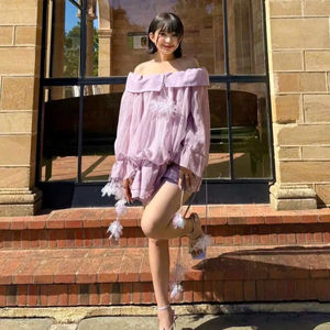 Robe Courte Épaules Dénudées à Volants, Manches Longues, Style Vietnamien, pour Soirée, Féminine et Élégante, Tissée, Séchage Rapide, avec Applique Florale 3D - Product Image 1