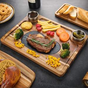 Plateau à steak en bois d'acacia Planche à découper avec 2 coupelles à sauce Plateau rectangulaire pour charcuterie et service - Product Image 6