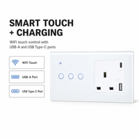 Interruptor de Pared Inteligente WiFi Estándar del Reino Unido Serie 146 y Enchufe Combinado con Panel de Vidrio Templado Compatible con Alexa y Google Assistant
