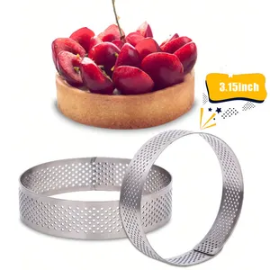 Cincin Tart 3.15 inci, cincin Tart berlubang untuk memanggang Stainless Steel, cincin kue bulat anti lengket, cetakan kue logam