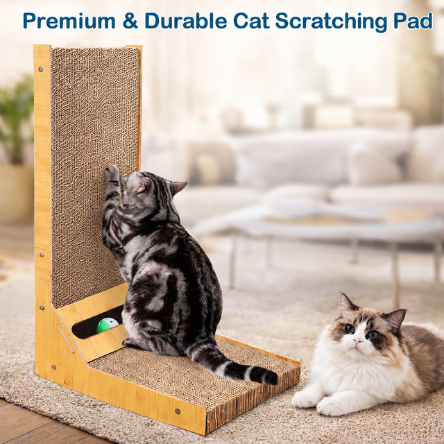 L Shape Cat Scratcher Board Corrugated Cardboard Durable Vertical Scratching Pad With Ball Toy for Indoor Cats