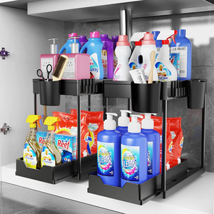 WIREKING Panier d'armoire coulissant à 2 niveaux sous l'évier Organisateurs et rangement pour salle de bain <span class=keywords><strong>cuisine</strong></span> avec 4 crochets <span class=keywords><strong>1</strong></span> <span class=keywords><strong>bac</strong></span> de rangement - Product Image 5