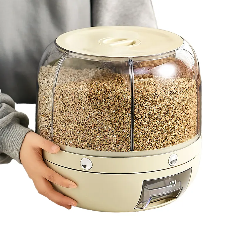 Dispensador de arroz rotativo multifuncional para cozinha, caixa transparente redonda de 6kg para armazenamento de grãos de arroz, ideal para uso em ambientes quentes, 2024