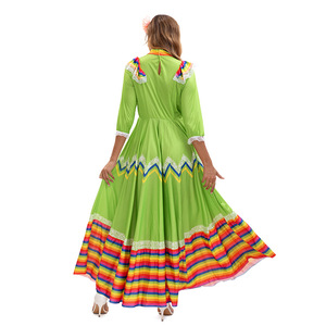 Vestido largo de estilo étnico mexicano para mujer, disfraz para actuación en escenario, verde, amarillo, talla para adultos - Product Image 3
