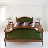 Lit en bois sculpté à la main américain. Lit King Size avec Tête de Lit en Velours Doux et Dossier Souple, Mobilier de Chambre d'Hôtel
