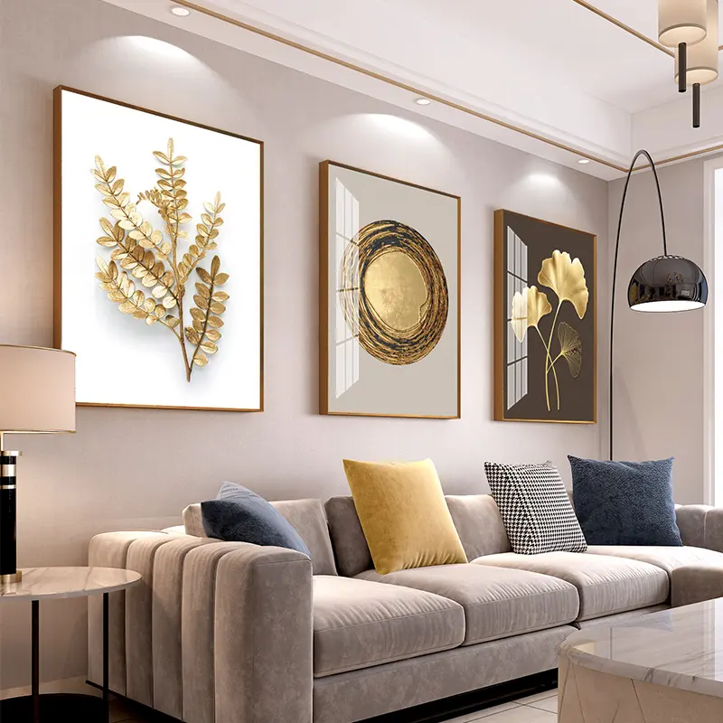 Modern Luxury Circle Golden Leaf Wall Art Crystal Porcelain Wall Art Painting Glass Art Print Painting