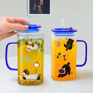 Mới Đến Phim Hoạt Hình Mèo Con Chó Dán 900Ml Vuông Xử Lý Thủy Tinh Cà Phê Cốc Cốc Trà Sữa Nước Trái Cây Cốc Thủy Tinh Với Nắp Và Ống Hút - Product Image 6