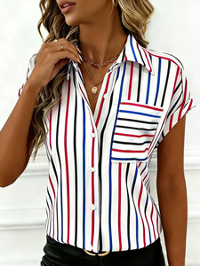 Nueva Camisa a Rayas de Verano para Mujer, Diseño con Botones y Hombros Caídos, con Bolsillo, Blusa Informal para el Día a Día, para Mujer - Product Image 1
