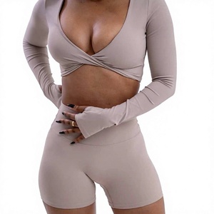 Custom Women's Clothing 2 Pieces <b>Set</b> Women Cross V-Neck Long Sleeve <b>Crop</b> <b>Top</b> Biker Shorts Women's <b>Sets</b> Wholesale Factory - Product Image 1