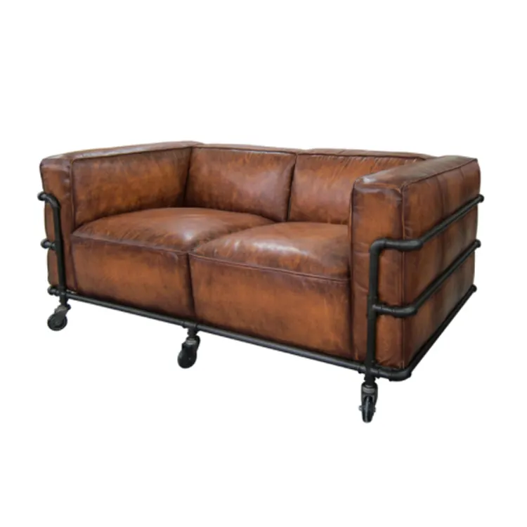 Loft Style Industrial Antique Pipe Sofa Set Furniture Vintage Leather Sofa with Wheels