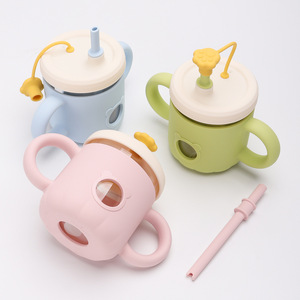 Baby Feeding Milk Glass Cup Spill Proof Sippy Cup Baby Milk Drinking Water <b>Bottle</b> with Silicone Sleeve with Lids and <b>Straw</b> - Product Image 1