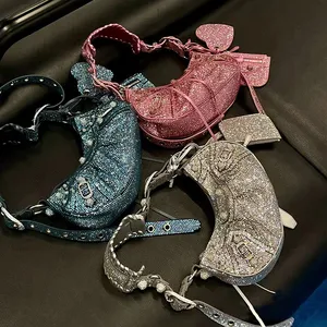 Latest Fashion Pink Bling Diamond hobo cross body bag ladies Shiny Locomotive saddle Women bags braided handle mirror purse