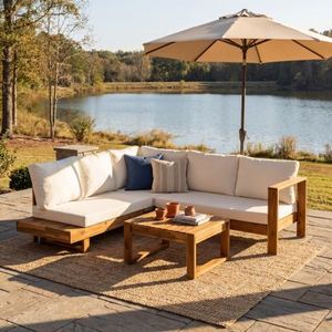 4-Piece Modern Solid Acacia Wood Outdoor Patio <b>Sofa</b> <b>Set</b> with Coffee Table Waterproof Cushions Beige - Product Image 1