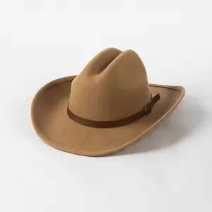 100% 100 lana Diseña tu propio fieltro proveedor de sombrero de vaquero de una pieza para Gentleman Lady Jazz Cowgirl con cuero