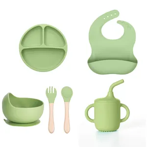 Conjunto de tigela de silicone para alimentação de bebês, 6 peças de silicone para jantar, sucção de bebês, prato de silicone para mesa