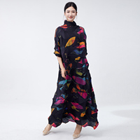 Gaun Maxi Turtleneck Bermotif Geometris Lipit Elegan Formal Cetak Berkualitas Tinggi Miyake untuk Wanita Ukuran Besar, Dapat Disesuaikan ODM 100%