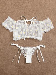 Conjunto de lencería de tres puntos transparente de encaje Sexy para mujer, ropa interior transparente para niñas adultas, malla con ribete de volantes, incluye bragas de sujetador - Product Image 4