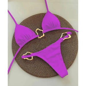 Bikini Wanita Seksi Baru Warna Solid Model Tali 2-Piece Set Baju Renang Thongs Bottom Tanpa Tali Leher Ramah Lingkungan Bahan Spandex/Polyester - Product Image 4