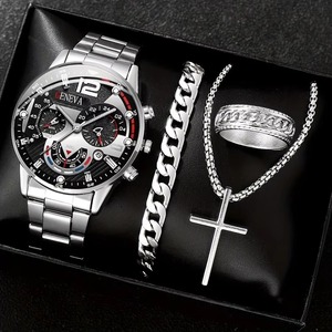 Set di Orologio Analogico al Quarzo Classico da <span class=keywords><strong>Uomo</strong></span> in Acciaio Inossidabile Dorato con Bracciale, Gioielli di Lusso alla Moda in Lega - Product Image 4
