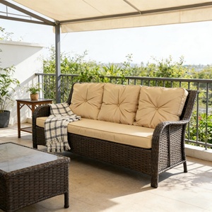 71.8" Outdoor 3-Seat Rattan 4" Thick Beige <strong>Cushions</strong> All-Weather PE Wicker Outdoor Sofa with Steel Frame for Backyard - Product Image 2