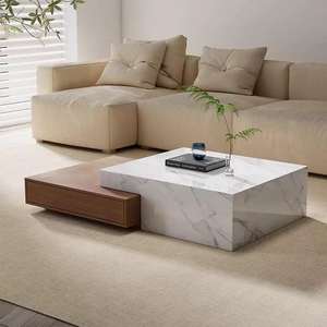 Mesa de Centro Cuadrada con Almacenamiento, Superficie de Piedra Resistente y Base de Madera Oscura, Mueble de Diseño Moderno para Sala de Estar. - Product Image 6