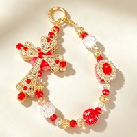 Dragonne de téléphone faite à la main en perles de cristal rouge, avec pendentif croix en strass, lanière de poignet, porte-clés et breloque de sac pour filles